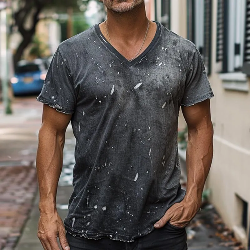 Men's Distressed Washed V-neck Short-sleeved T-shirt 49251311X sold by Manly product image thumbnail 5