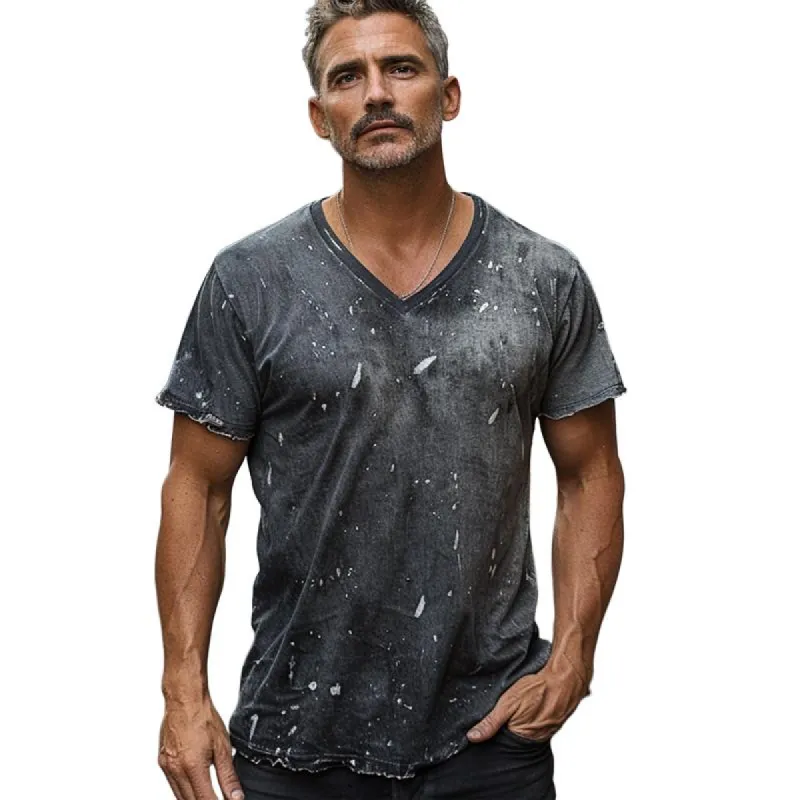 Men's Distressed Washed V-neck Short-sleeved T-shirt 49251311X sold by Manly