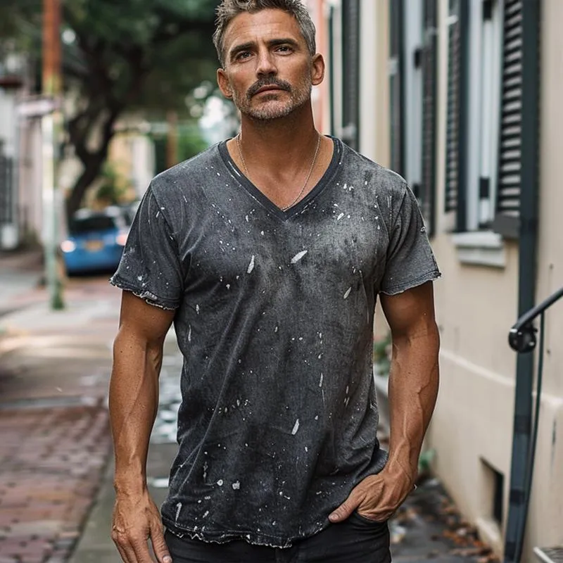 Men's Distressed Washed V-neck Short-sleeved T-shirt 49251311X sold by Manly product image thumbnail 4