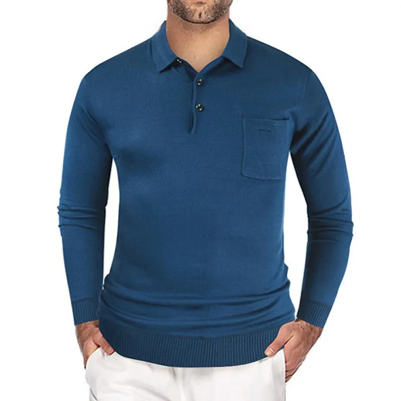 Men's Solid Knitted Lapel Breast Pocket Long Sleeve Polo Shirt 33707794Z sold by Manly