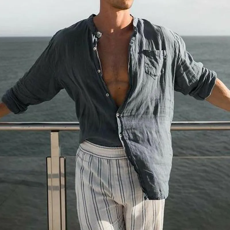 Men's Cotton and Linen Solid Color Lapel Long Sleeve Shirt 96827236X sold by Manly product image thumbnail 4