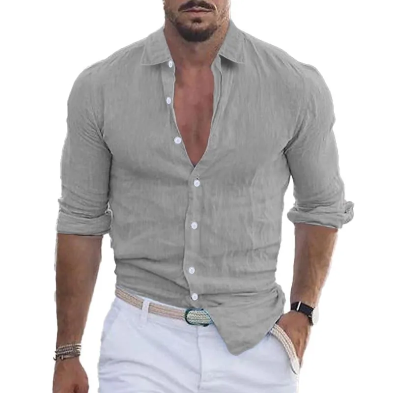 Men's Casual Solid Color Lapel Cotton Blend Long Sleeve Shirt 21280669Y sold by Manly