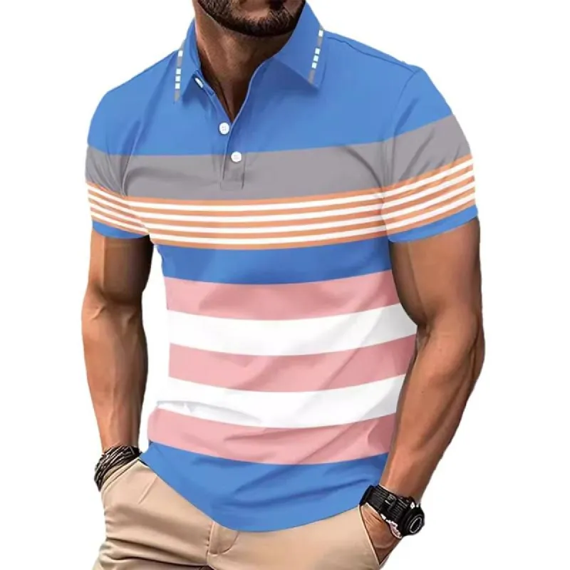Men's Striped Print Button Short Sleeve POLO Shirt 06082086X sold by Manly