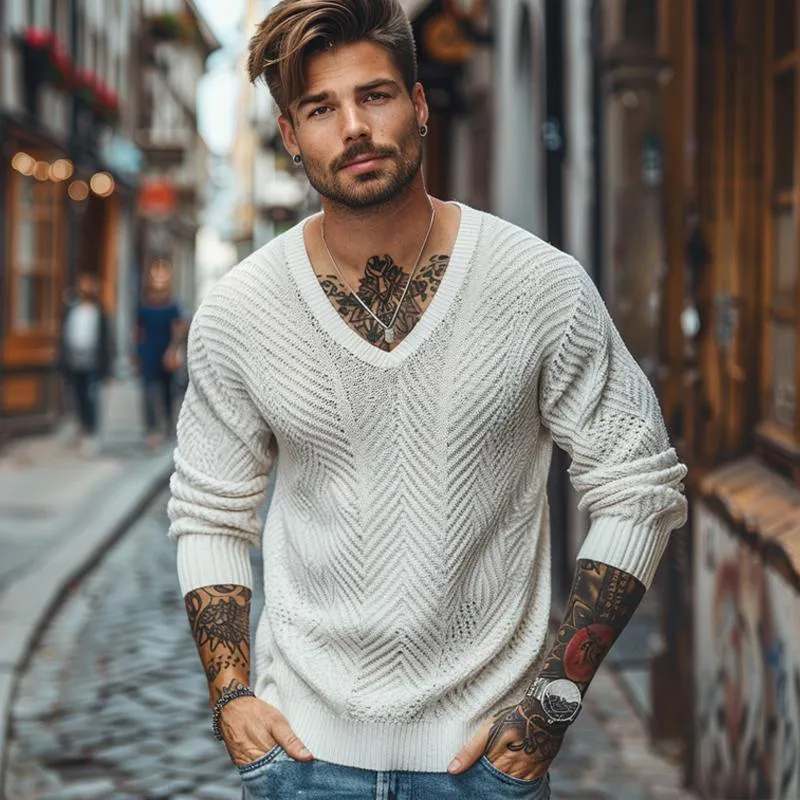 Men's Casual V Neck Knitted Long Sleeve Loose Pullover Sweater 86124200M sold by Manly product image thumbnail 2