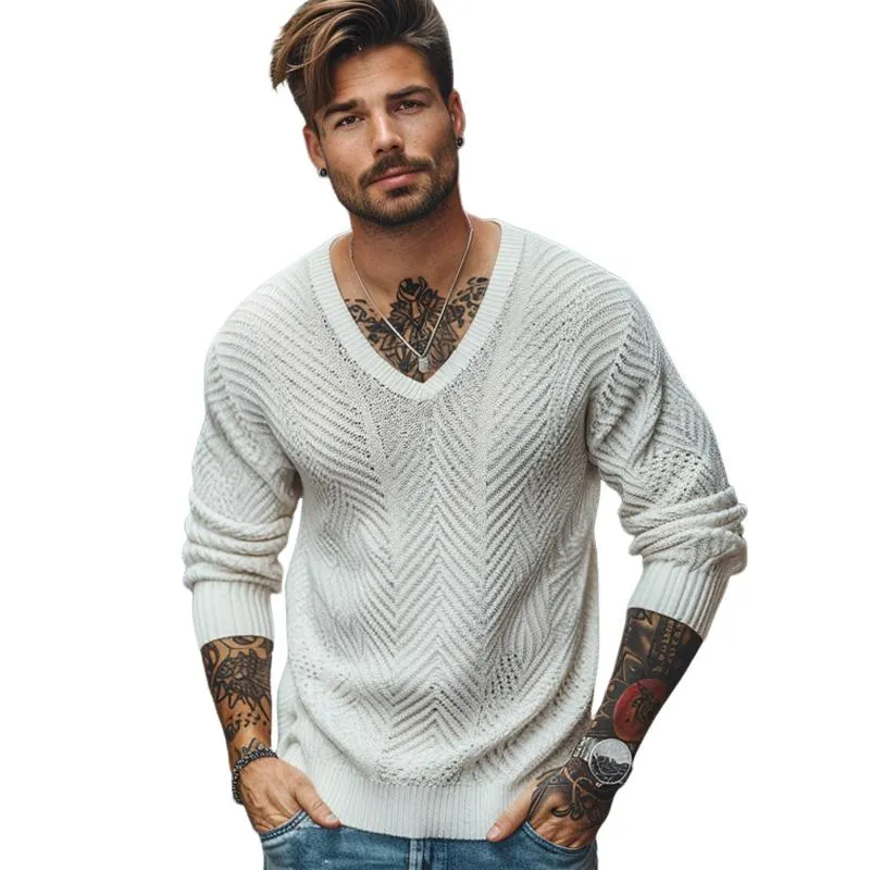 Men's Casual V Neck Knitted Long Sleeve Loose Pullover Sweater 86124200M sold by Manly