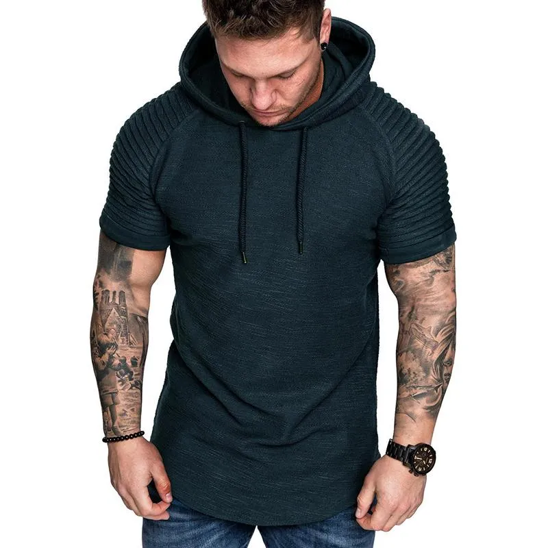 Men's Casual Cotton Blend Pleated Patchwork Short-Sleeved Hoodie 08412819M sold by Manly