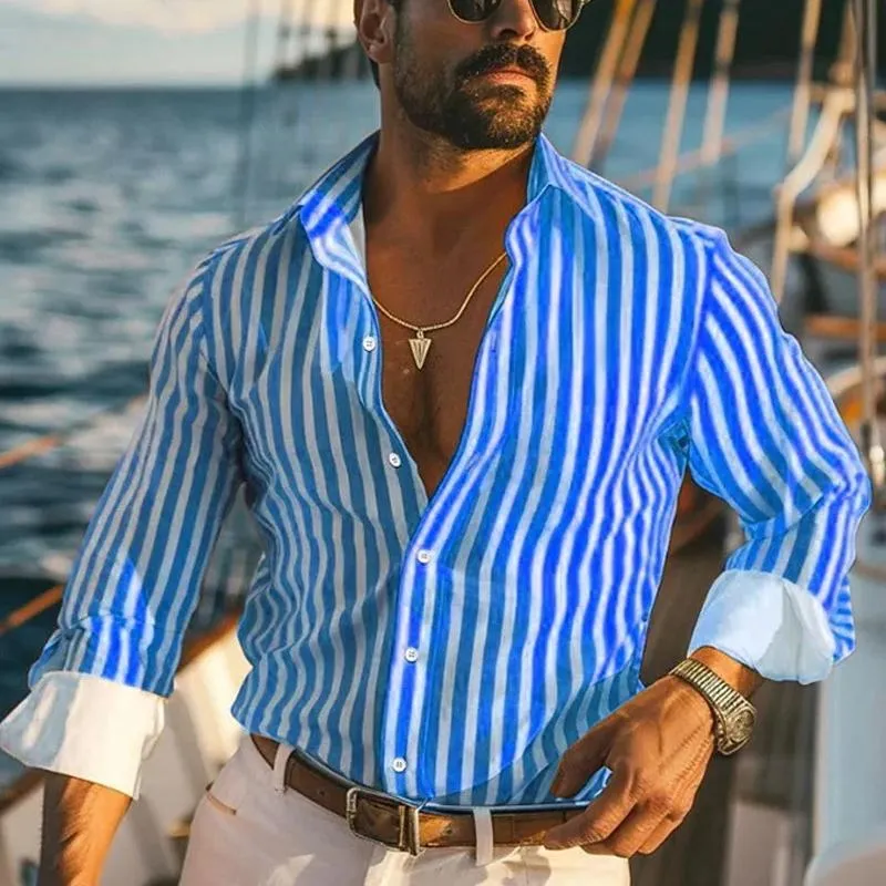 Men's Loose Striped Lapel Long Sleeve Shirt 08024723X sold by Manly product image thumbnail 4