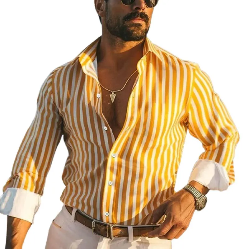 Men's Loose Striped Lapel Long Sleeve Shirt 08024723X sold by Manly