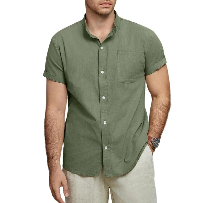 Men's Solid Color Linen Stand Collar Short Sleeve Casual Shirt 12174781Z sold by Manly