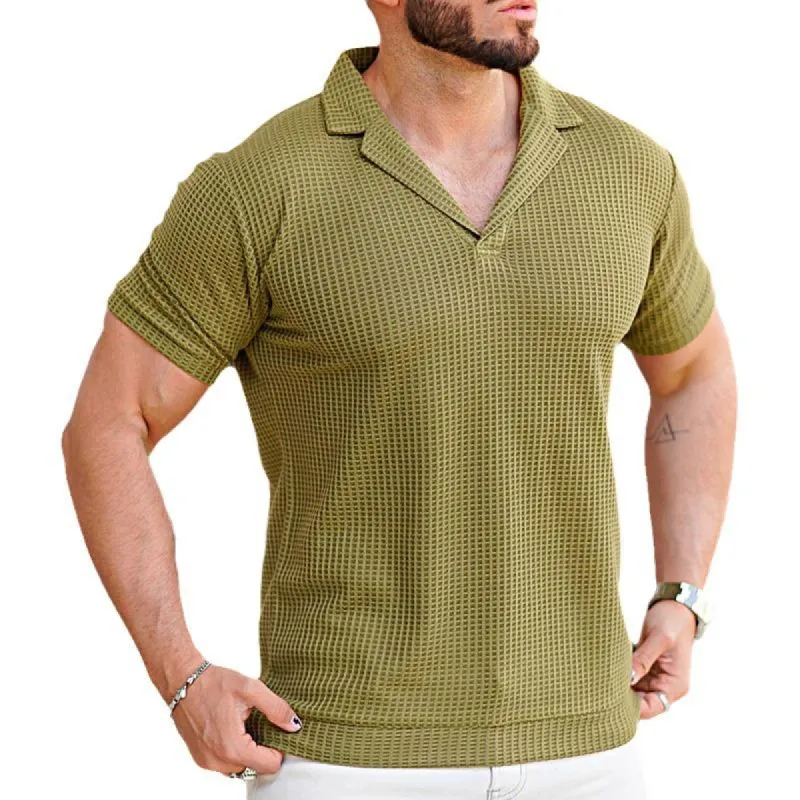 Men's Solid Waffle Lapel Short Sleeve Polo Shirt 44332084Z sold by Manly