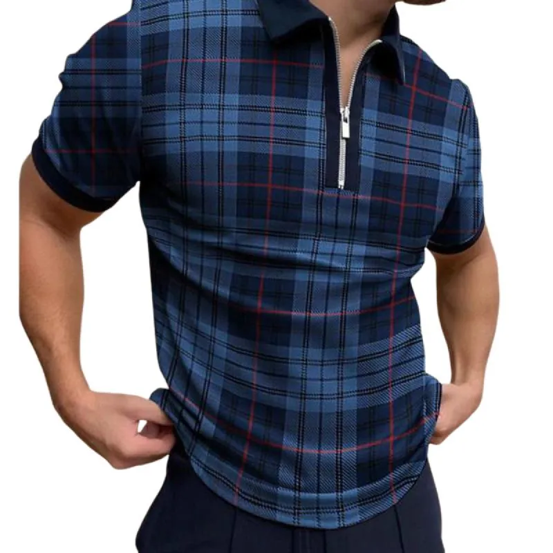 Men's Plaid Printed Zipper Lapel Short-Sleeved Polo Shirt 78170063Y sold by Manly