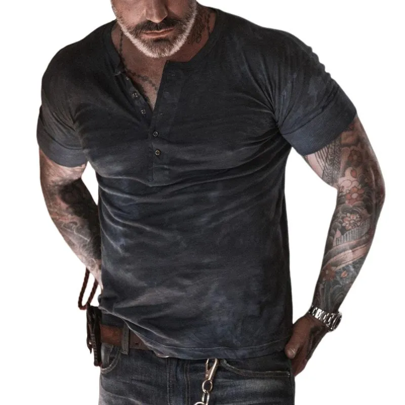 Men's Washed Distressed Henley Collar Short Sleeve T-shirt 88012124Z sold by Manly