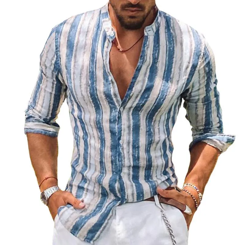 Men's Casual Striped Stand Collar Shirt 43788830TO sold by Manly