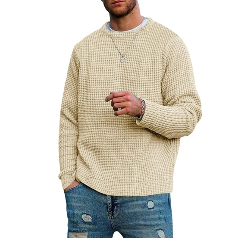 Men's Solid Color Waffle Round Neck Bottoming Sweater 75924830X sold by Manly
