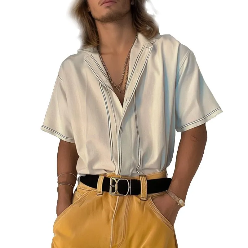 Men's Casual Line Cotton and Linen Lapel Short-sleeved Shirt 13001755TO sold by Manly