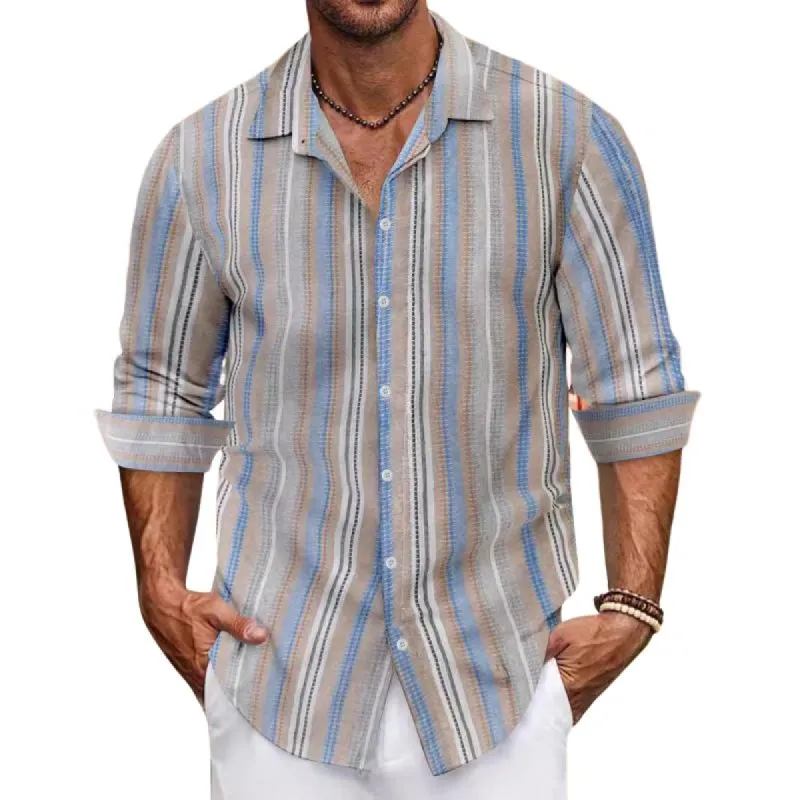 Men's Casual Cotton Linen Contrast Striped Lapel Long-sleeved Shirt 88362441M sold by Manly