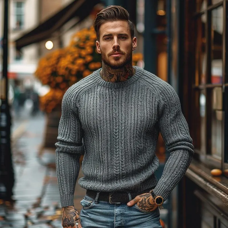 Men's Casual Round Neck Knitted Cable Long Sleeve Slim Fit Pullover Sweater 74890025M sold by Manly product image thumbnail 3