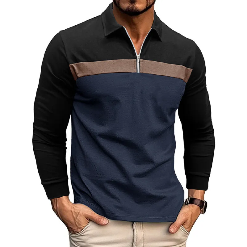Men's Lapel Color Block Polo Long Sleeve Shirt 51990862X sold by Manly