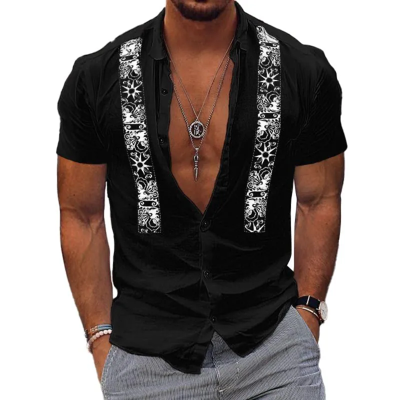 Men's Casual Printed Lapel Short Sleeve Shirt 98117878Y sold by Manly
