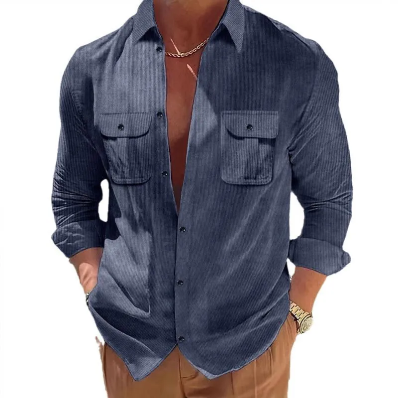 Men's Solid Color Corduroy Cargo Pocket Casual Long Sleeve Shirt 96640449X sold by Manly