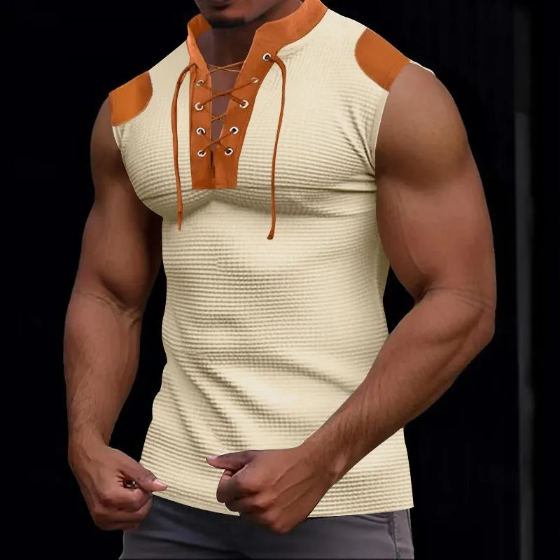 Men's Colorblock Waffle Lace-up V Neck Sleeveless Tank Top 77576021Z sold by Manly product image thumbnail 4