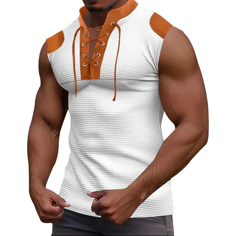 Men's Colorblock Waffle Lace-up V Neck Sleeveless Tank Top 77576021Z sold by Manly