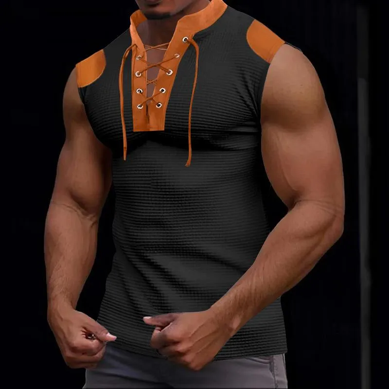 Men's Colorblock Waffle Lace-up V Neck Sleeveless Tank Top 77576021Z sold by Manly product image thumbnail 3