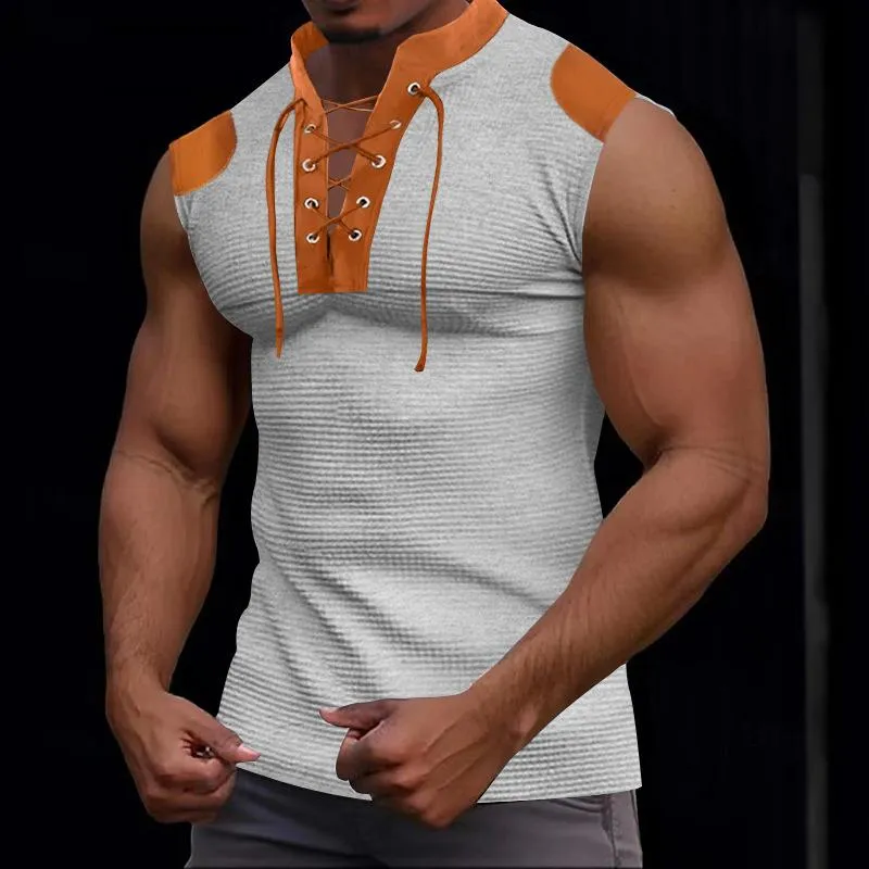 Men's Colorblock Waffle Lace-up V Neck Sleeveless Tank Top 77576021Z sold by Manly product image thumbnail 5