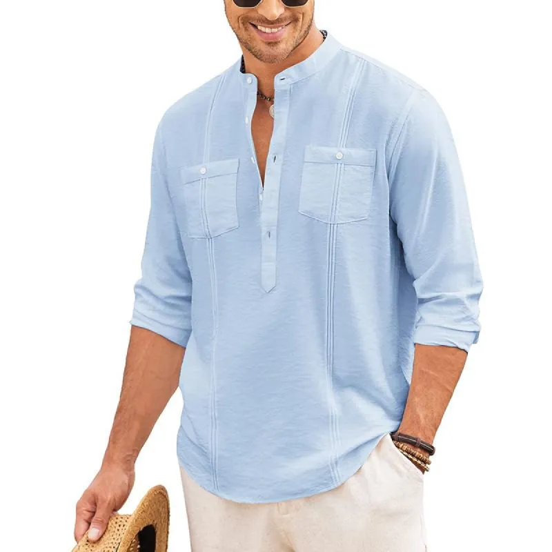 Men's Casual Solid Color Double Breast Pocket Henley Collar Long Sleeve Shirt 48346488Y sold by Manly