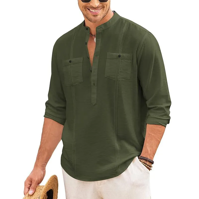 Men's Casual Solid Color Double Breast Pocket Henley Collar Long Sleeve Shirt 48346488Y sold by Manly product image thumbnail 3