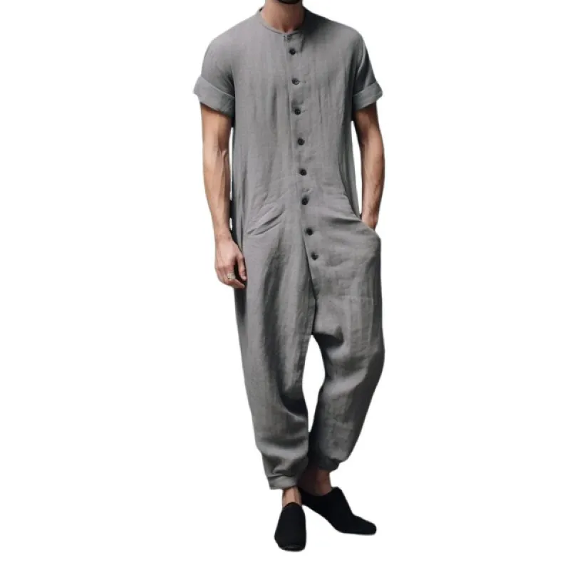 Men's Cotton And Linen Round Neck Multi-Button Pocket Short-Sleeved Pants Jumpsuit 30848049Y sold by Manly