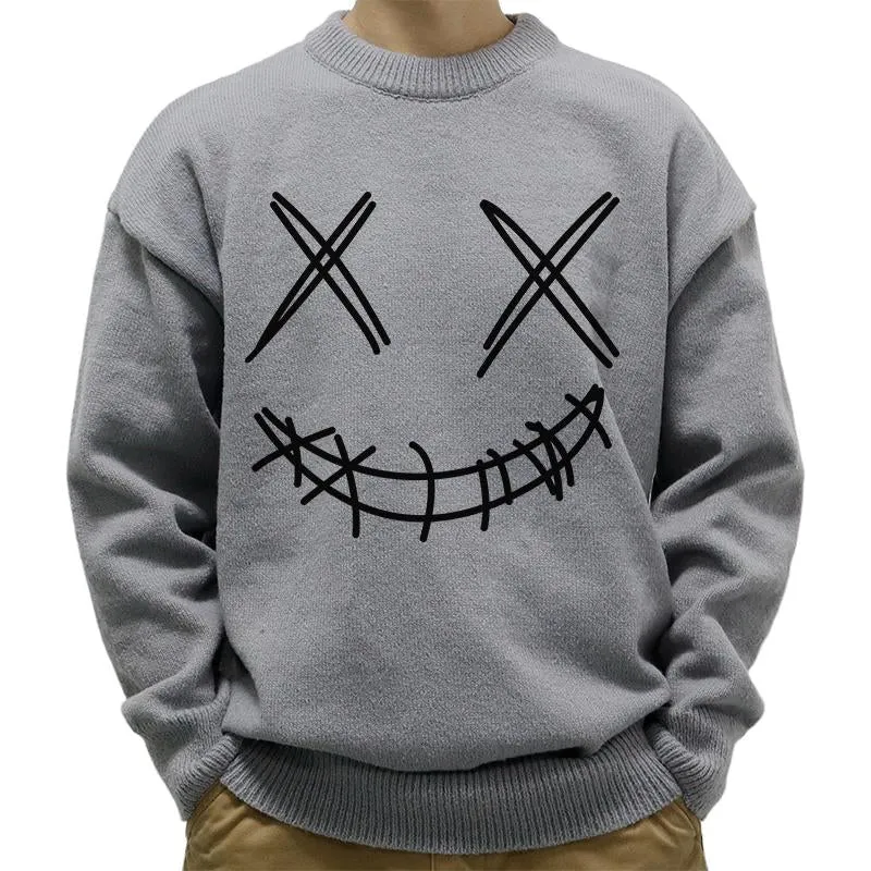 Men's Casual Round Neck Smiley Print Long Sleeve Pullover Sweater 57395732M sold by Manly