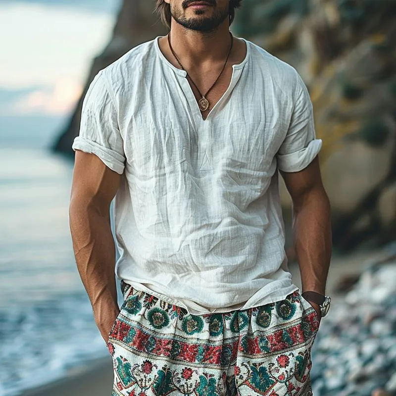 Men's Cotton And Linen Solid Color V Neck Short-Sleeved Shirt 92695544Y sold by Manly product image thumbnail 3