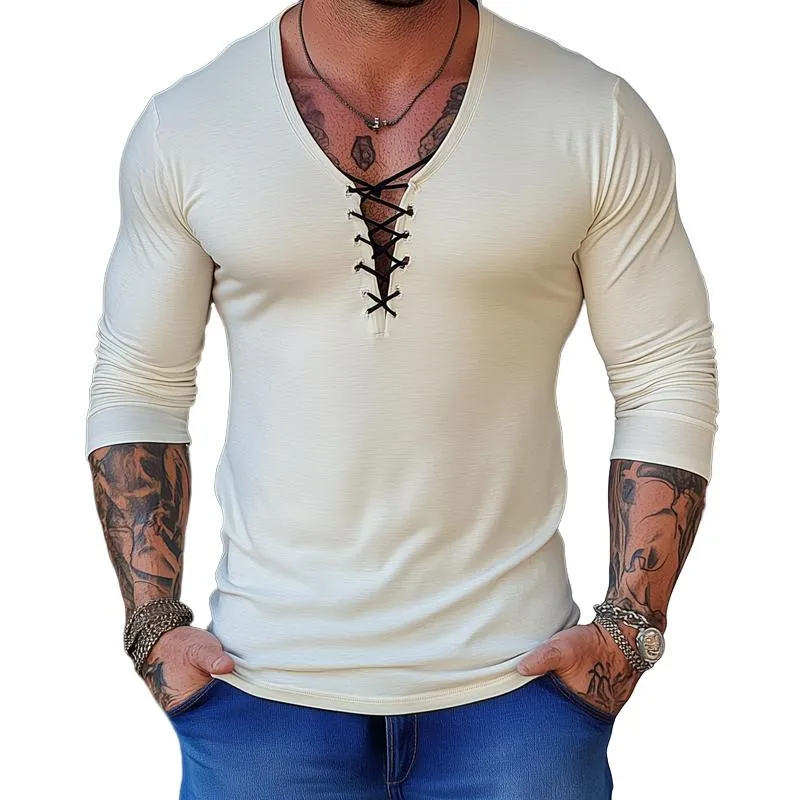 Men's Solid Color Lace-up V Neck Long Sleeve Casual T-shirt 05194418Z sold by Manly