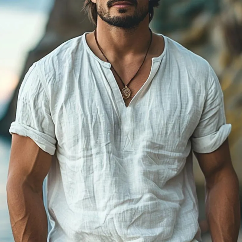 Men's Cotton And Linen Solid Color V Neck Short-Sleeved Shirt 92695544Y sold by Manly product image thumbnail 2