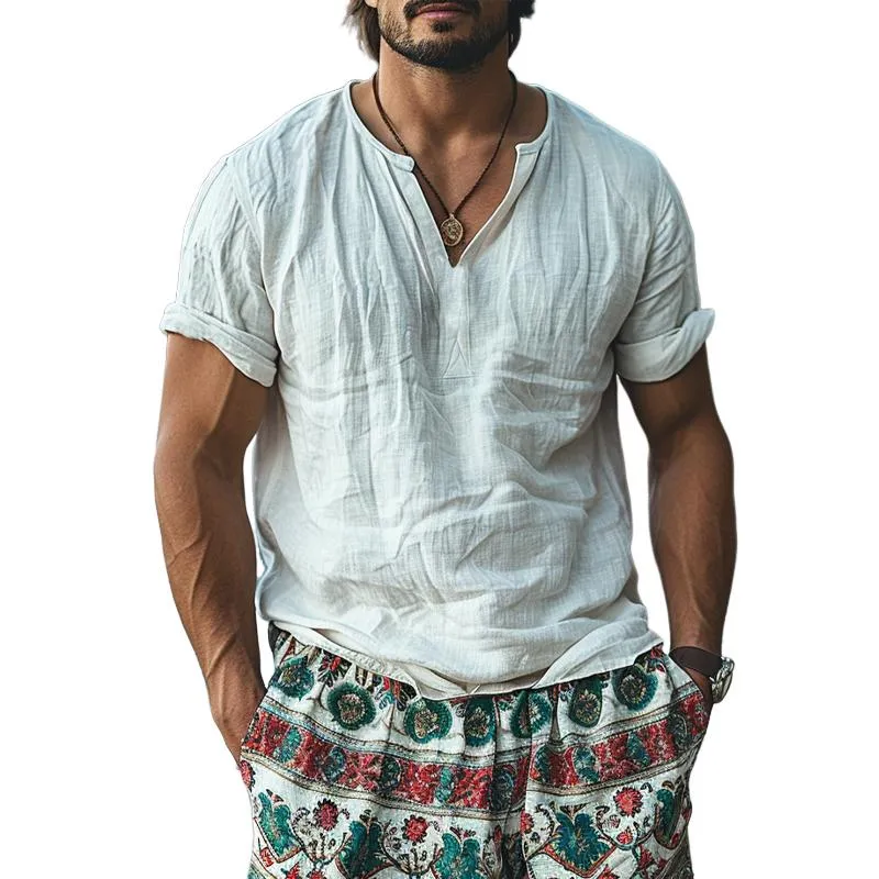 Men's Cotton And Linen Solid Color V Neck Short-Sleeved Shirt 92695544Y sold by Manly