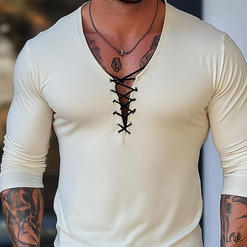 Men's Solid Color Lace-up V Neck Long Sleeve Casual T-shirt 05194418Z sold by Manly product image thumbnail 3