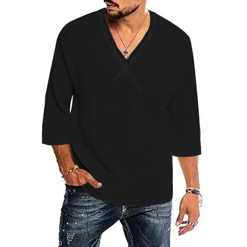 Men's Casual Solid Color Cotton And Linen V -Neck Shirt 94014278Y sold by Manly product image thumbnail 3