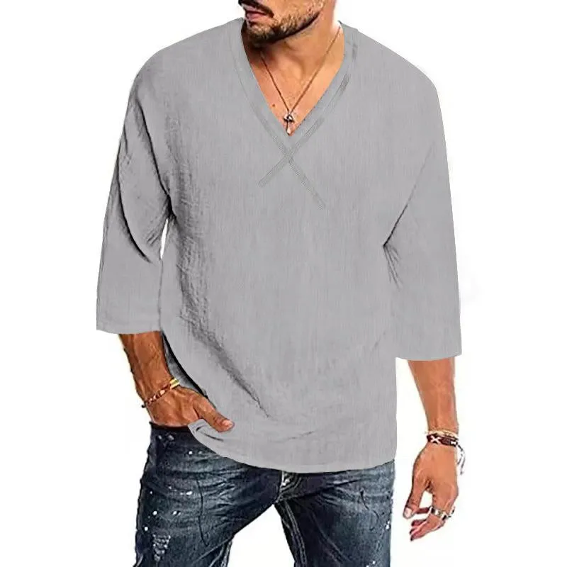 Men's Casual Solid Color Cotton And Linen V -Neck Shirt 94014278Y sold by Manly