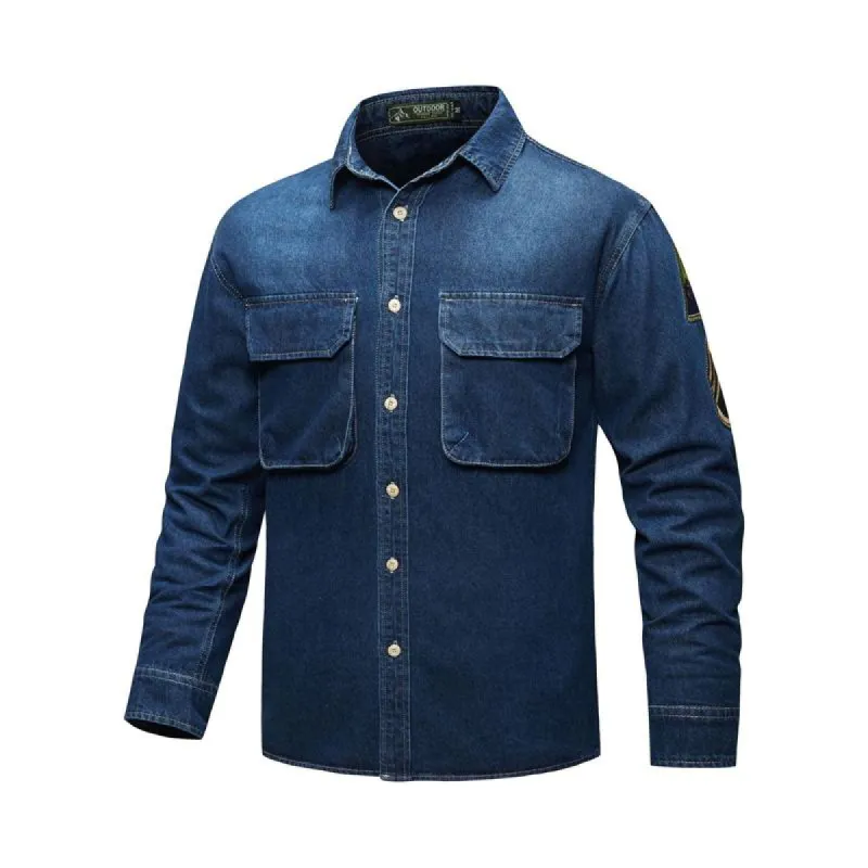 Men's Retro Solid Color Double Breast Pockets Denim Long Sleeve Shirt 63397050Y sold by Manly