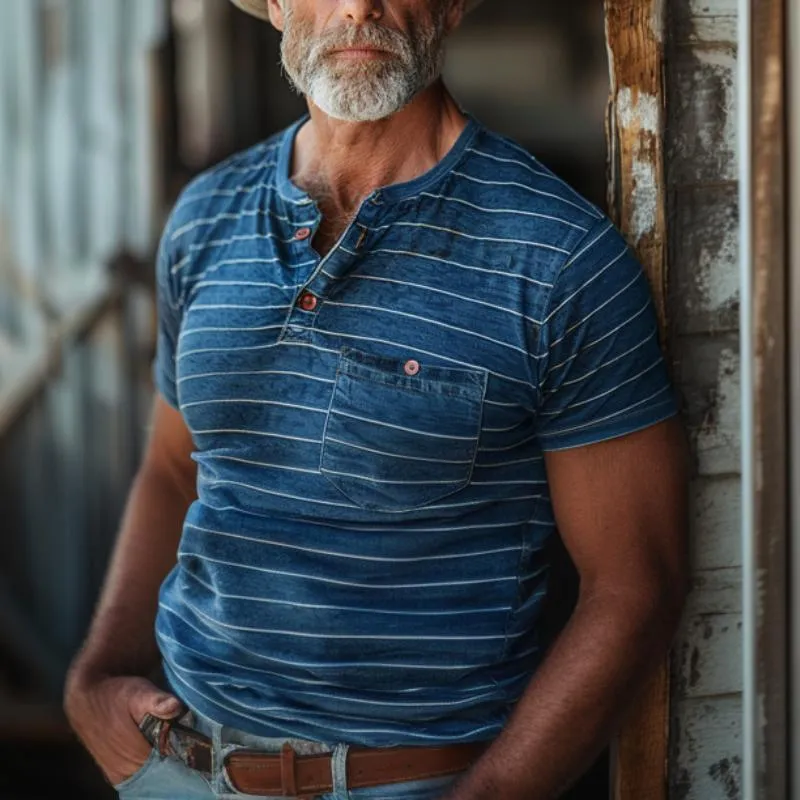 Men's Striped Henley Neck Chest Pocket Short Sleeve T-Shirt 95714889Y sold by Manly product image thumbnail 4