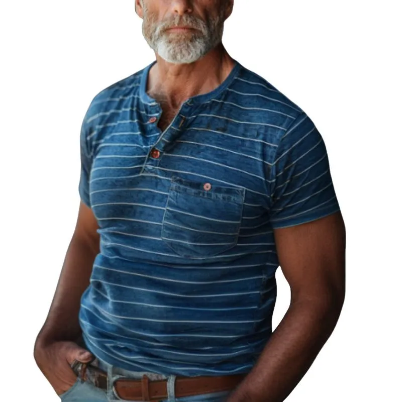 Men's Striped Henley Neck Chest Pocket Short Sleeve T-Shirt 95714889Y sold by Manly