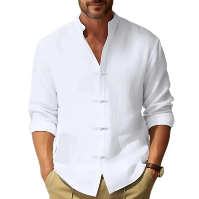 Men's Vintage Linen Long Sleeve Stand Collar Shirt 62294511Y sold by Manly