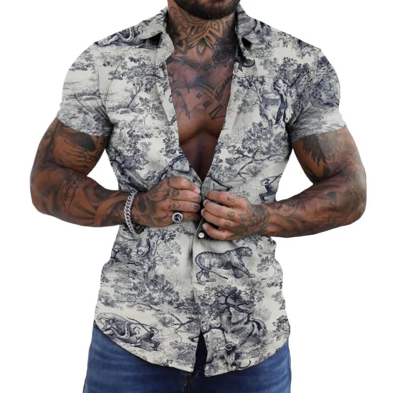 Men's Retro Floral Lapel Short Sleeve Shirt 08015680TO sold by Manly