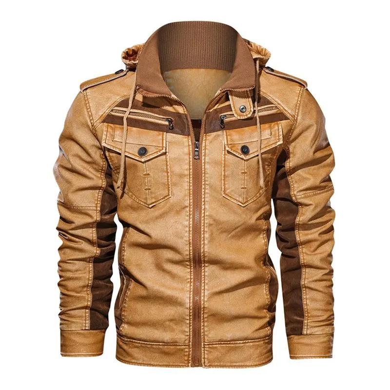 Men's Vintage Contrast Patchwork Stand Collar Hooded Zip Leather Fleece Jacket 43558015M sold by Manly