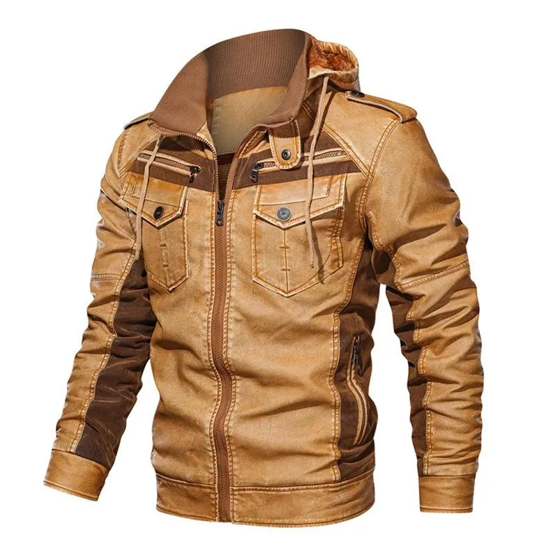 Men's Vintage Contrast Patchwork Stand Collar Hooded Zip Leather Fleece Jacket 43558015M sold by Manly product image thumbnail 2