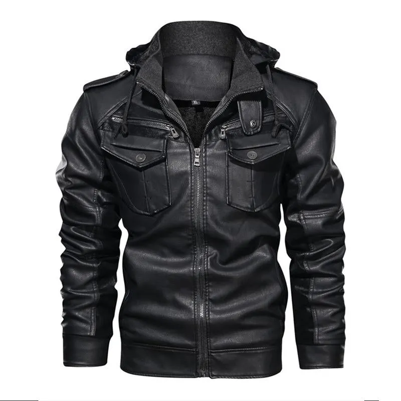 Men's Vintage Contrast Patchwork Stand Collar Hooded Zip Leather Fleece Jacket 43558015M sold by Manly product image thumbnail 4