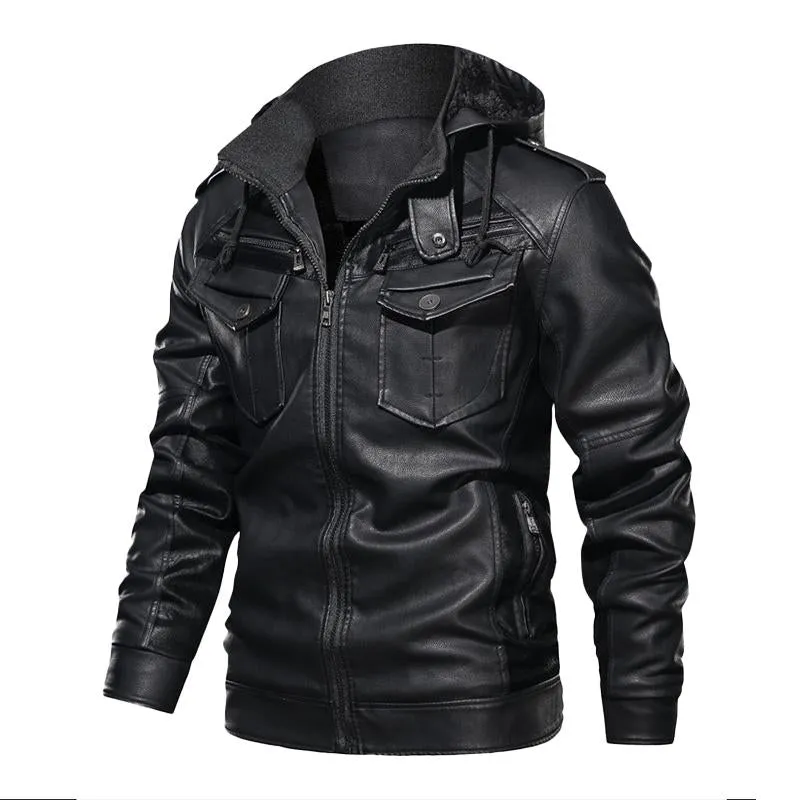Men's Vintage Contrast Patchwork Stand Collar Hooded Zip Leather Fleece Jacket 43558015M sold by Manly product image thumbnail 5