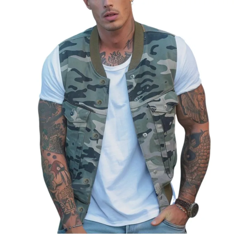 Men's Vintage Camouflage Crew Neck Single-Breasted Cargo Vest 08477035Y sold by Manly