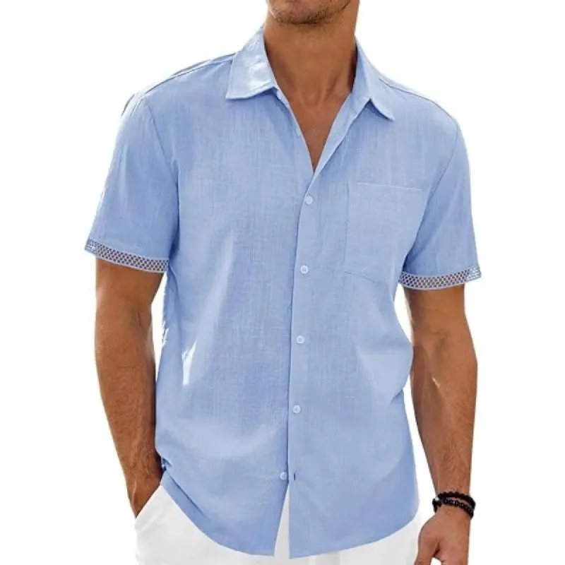 Men's Solid Color Patchwork Cotton And Linen Short-Sleeved Shirt 69778872Y sold by Manly
